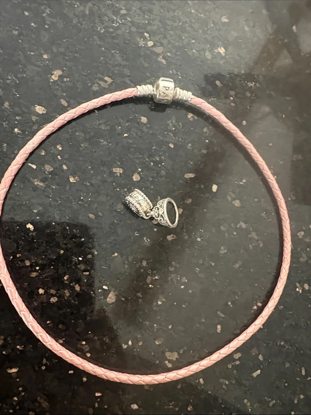 Rare Pandora Pink Braided Leather Bracelet/Necklace with Silver Crown Charm